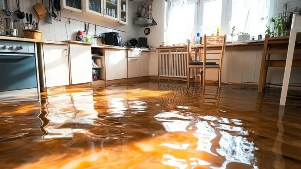 Water-damaged ceiling sagging around a light fixture