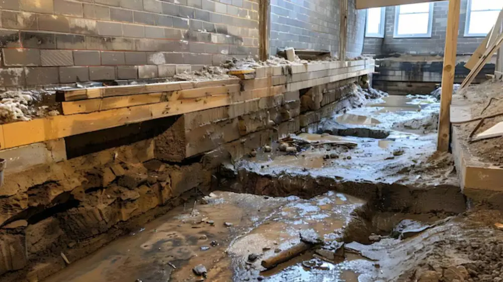 Muddy crawl space with exposed joists and damp debris after water intrusion