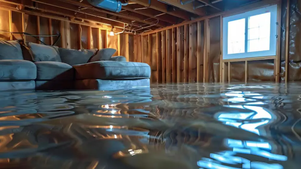 Finished basement with floodwater covering the floor around a couch