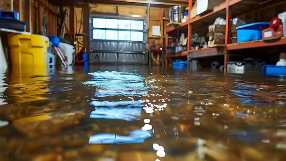 Flooded garage with standing water below storage shelves