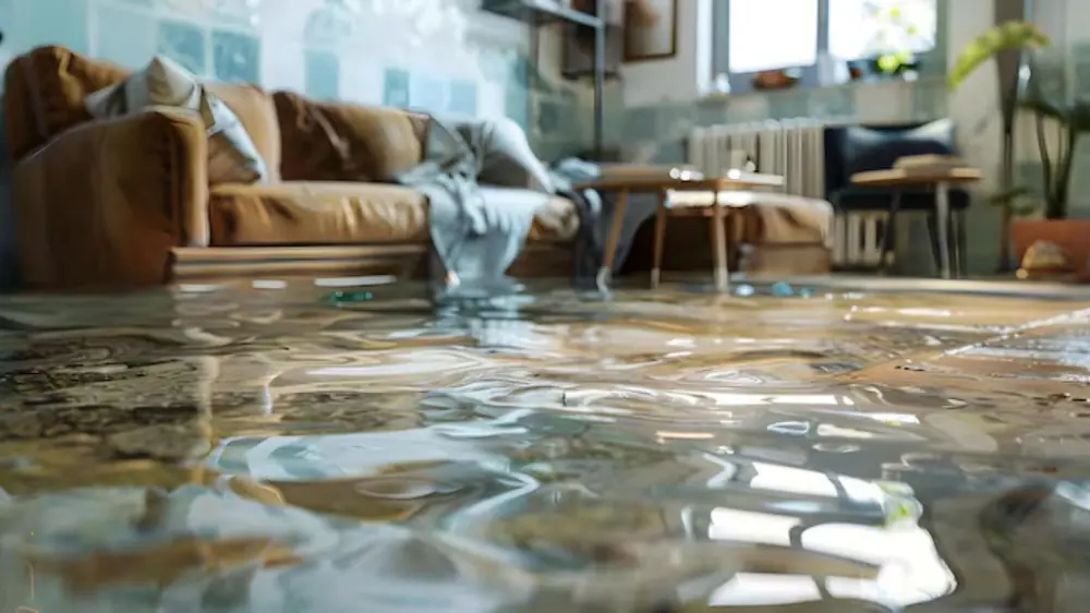 Flooded living room with a sofa and bright windows