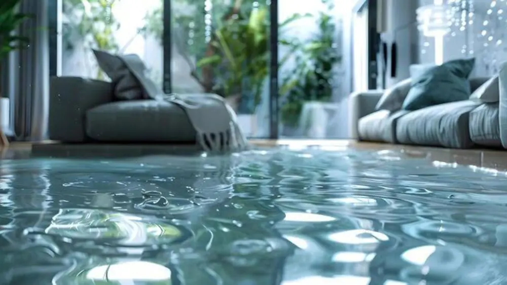 Flooded living room with a sofa and large windows, water covering the floor