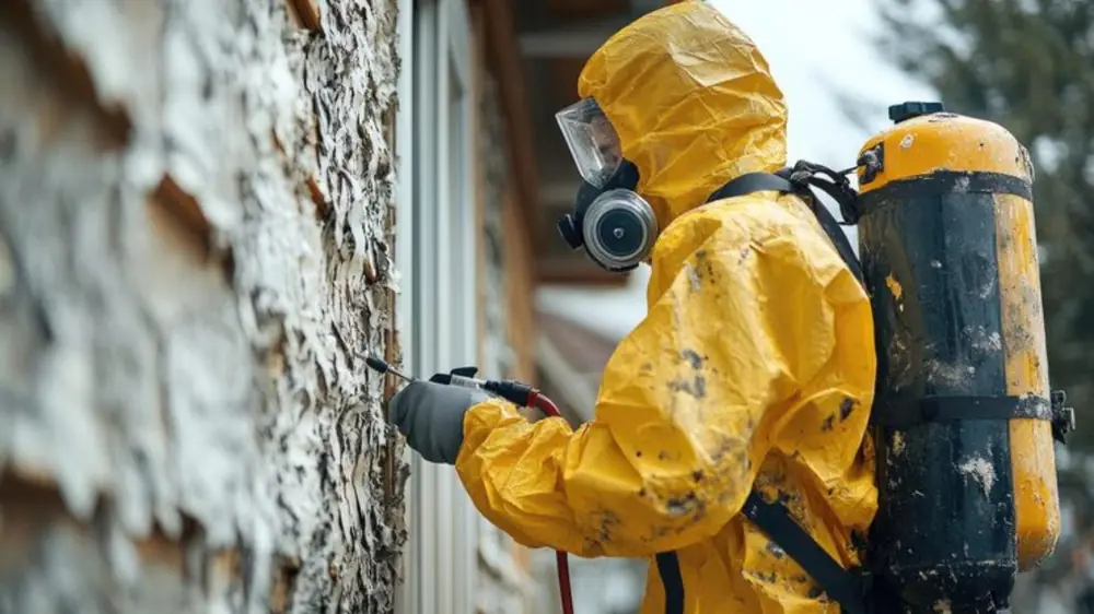 Worker in a yellow protective suit with a tank sprayer treating a moldy wall