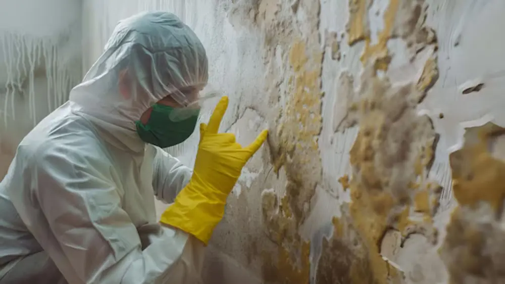 Worker in protective gear examining mold and peeling paint on a wall