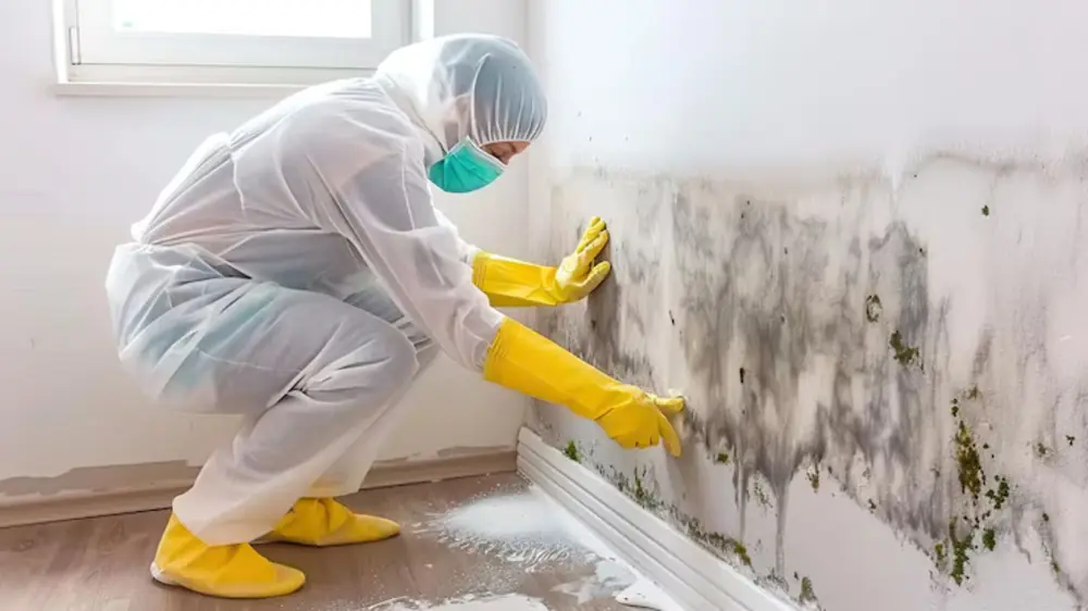 Worker in protective suit wiping mold from a wall above the baseboard