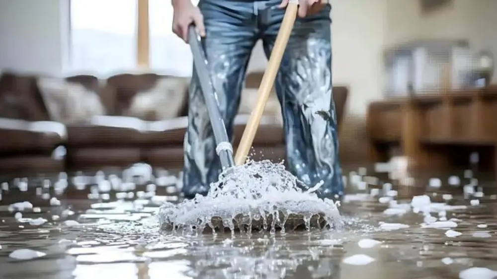 Person mopping water from a living room floor