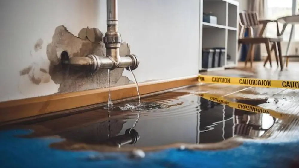 Water running from a damaged pipe onto a baseboard with caution tape around the wet area