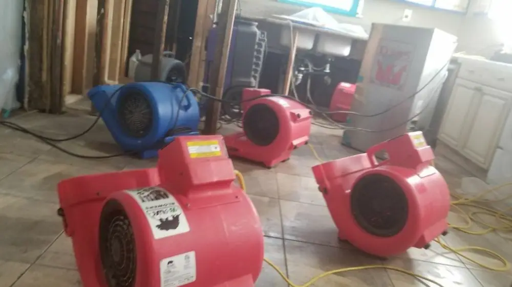 Air movers drying a room beside an opened wall