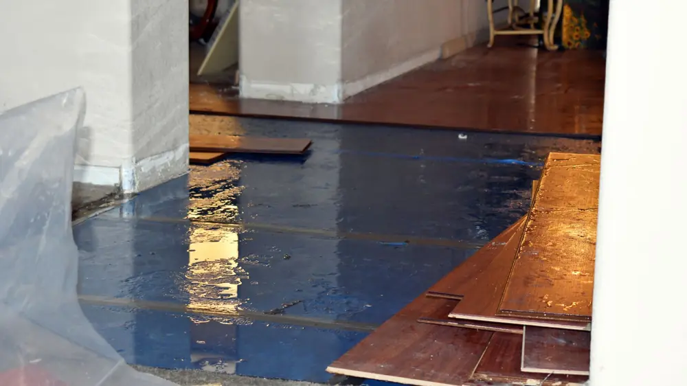 Wood flooring planks lifted over plastic sheeting during a repair