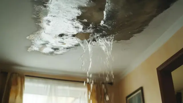 Water streaming through a damaged living room ceiling