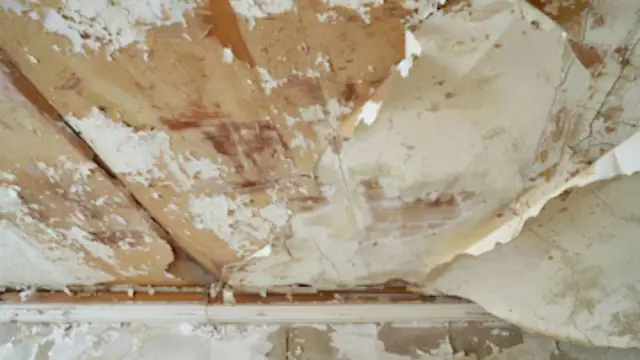 Peeling and stained ceiling plaster after a leak